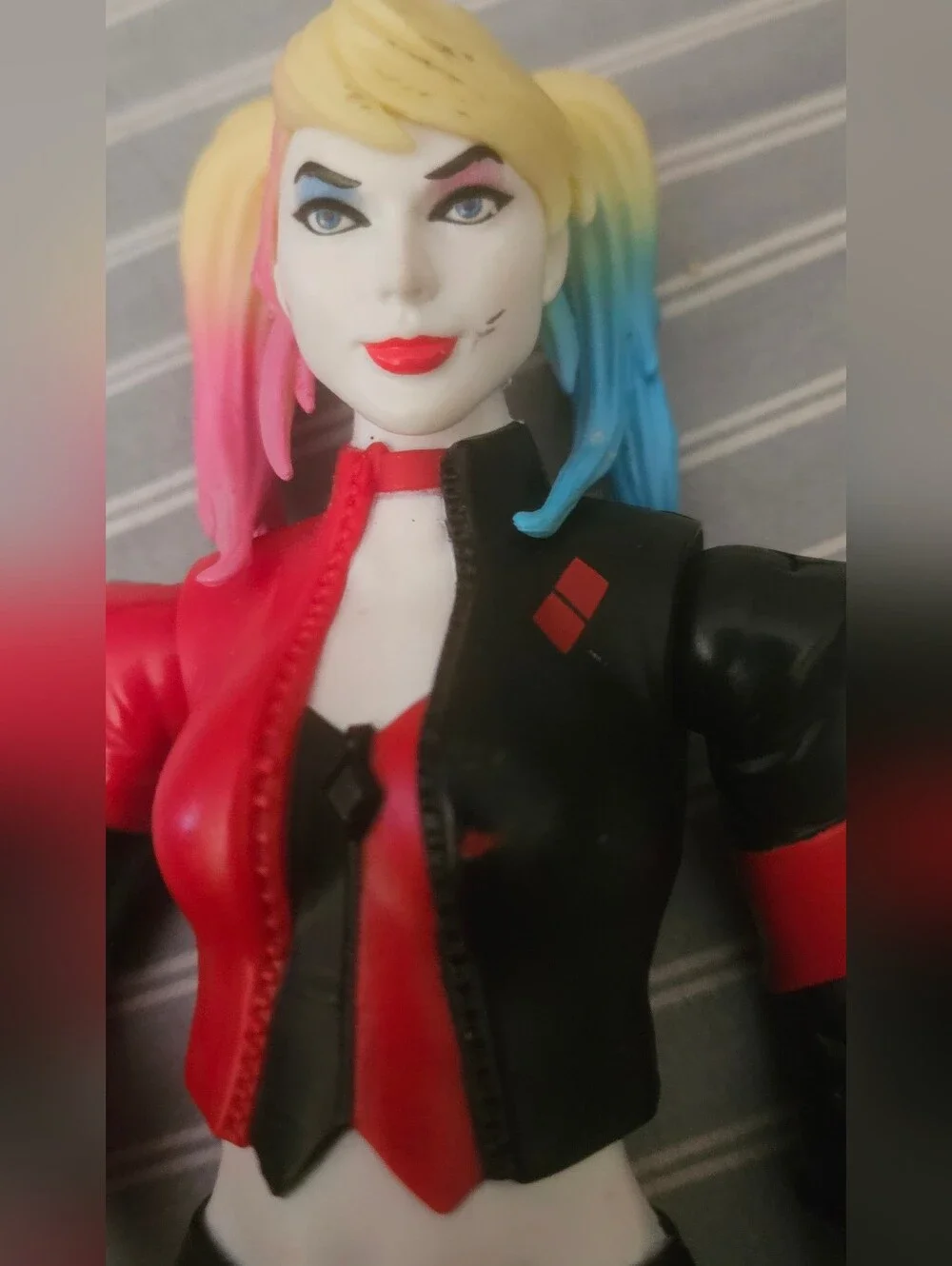 Harley Quinn Red & Black Action Figure with Blonde Pink/Blue Hair 12in